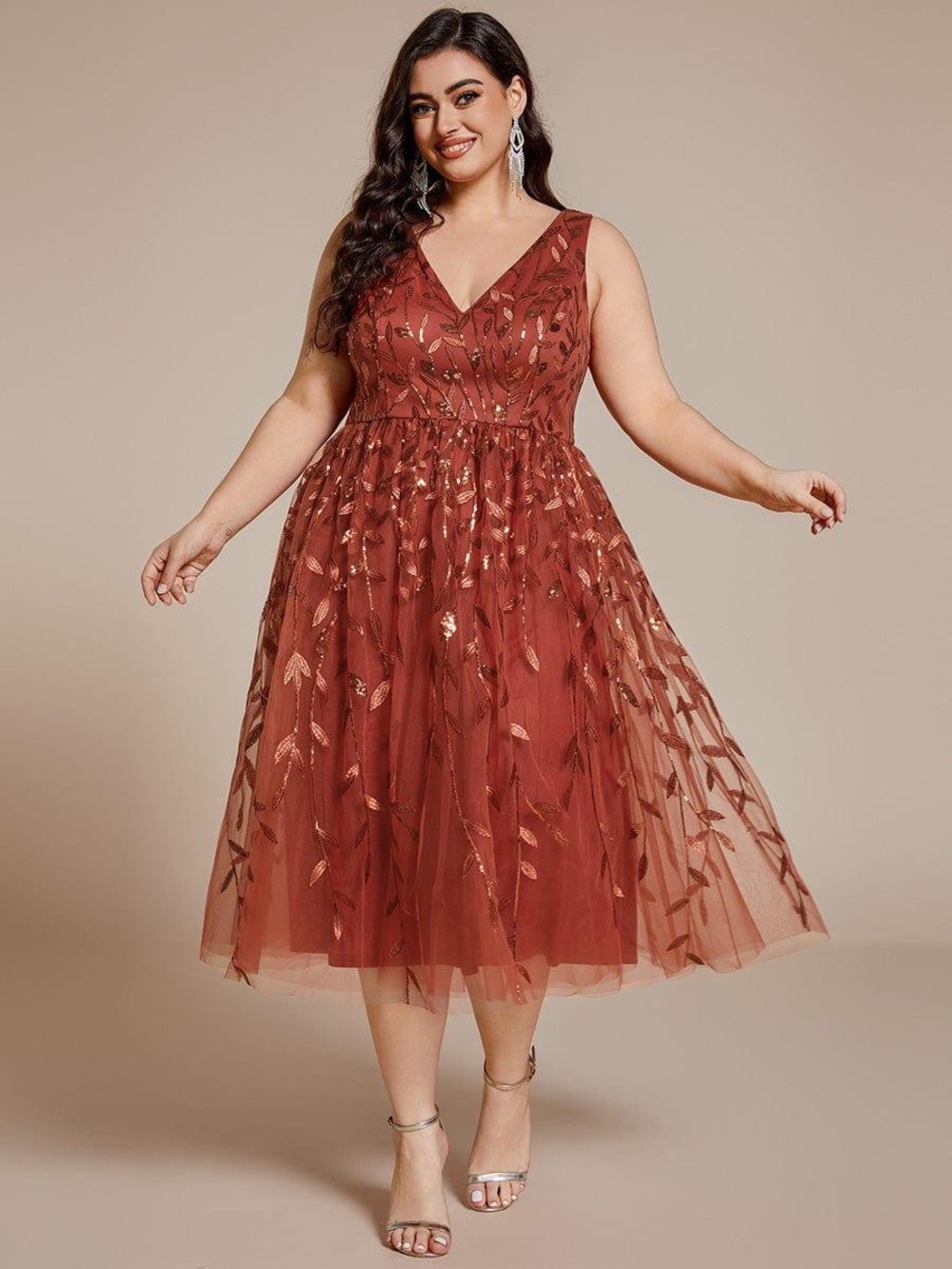 Plus-Size Rust Embroidered V-Neck Tulle Dress